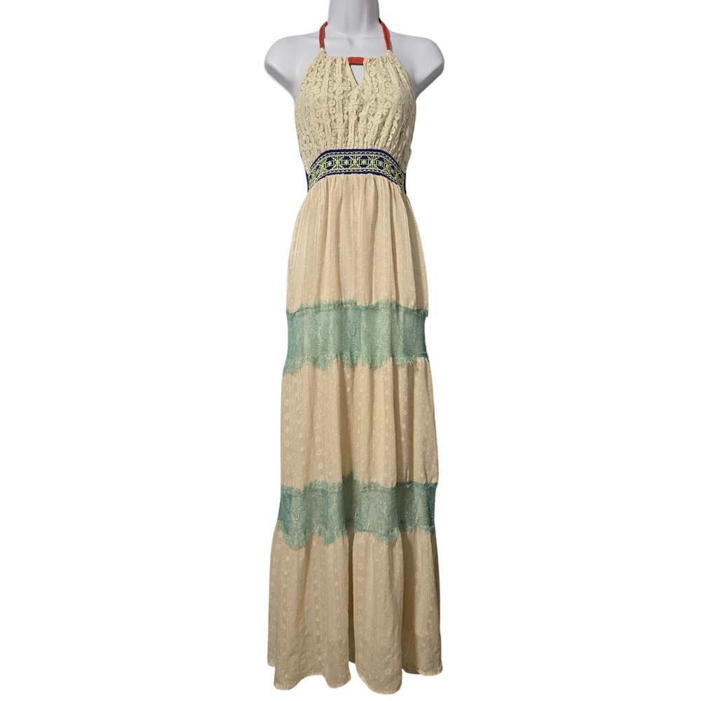 Flying Tomato Lace Tiered Halter Maxi Dress S Cream Boho Festival Cottagecore